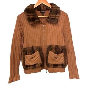 Capri ‎ XL Brown Full Zip Mock Fur Neck Ribbed Knit Jacket Cozy Fall Winter